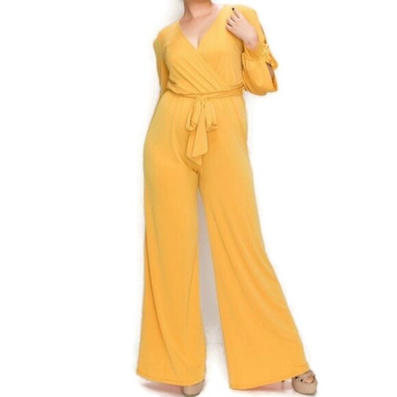 Janette Fashion Mustard Split Long Sleeve Plussize Jumpsuit - Picture 2 of 4